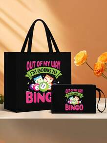 Bộ túi xách và ví chủ đề xổ số bi-a, bộ túi xách và ví đựng tiền xu dành cho nữ, bao gồm túi xách và ví đựng tiền xu, túi nữ dung tích lớn, chất liệu vải, có thể giặt, có lớp lót, kiểu đeo vai thông thường, in khẩu hiệu "Tôi muốn chơi Bingo", có họa tiết xổ số, bi-a, các yếu tố số học và thể thao. - màu đen - Xem 3