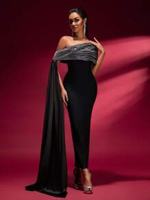 女士秋季串珠系带拼接露肩修身端庄长款晚礼服