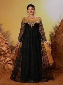 Anpoket Plus Size New Arrival Round Neck Evening Gown Dress, Embroidery Flower Long Dress, Party Dress, Wedding Guest Dress, Formal Dress - Black - View 1