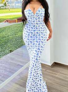Women's Spaghetti Strap Dresses Drawstring Design Floral Print Slim Fit Long Bodycon Dresses Perfect For Summer Spring - Blue - View 4