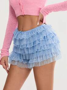 Women Lolita Bloomers Cute Bow Front Layered Ruffle Shorts Lace Pumpkin Tiered Micro Pants Sexy Boyshorts Layered Boy Bottoms Y2k Sweet Pettipants Elastic Boxer Briefs - 藍色 - 查看 4