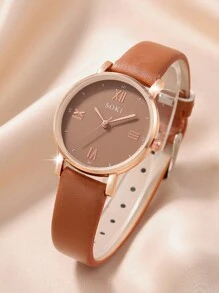 SOKI 5件套女士棕色PU表带休闲石英表套装，含心形项链、耳环、手链配饰，适合女士聚会、母亲节、生日佩戴或送给姐妹（不含礼盒） - 棕色 - 查看 4