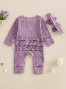 Conjunto de otoño para niña recién nacida, mono con estampado de lazo, manga larga, largo completo, cremallera frontal, acanalado, diadema con lazo, 2 piezas - Morado - Ver 2