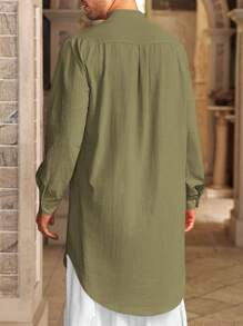 Runcati Men's Kaftan Thobe Cotton Linen Henley Shirt Long Sleeve Robe Casual Muslim Kurta Gown - xanh quân đội - Xem 3