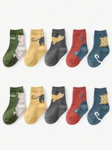10 Pairs Random Mix Color Children Socks With Cartoon Cat & Dinosaur Patterns, Versatile Mid-Calf Socks For Boys & Girls, Suitable For Daily Casual Wear - Multicolor - View 2