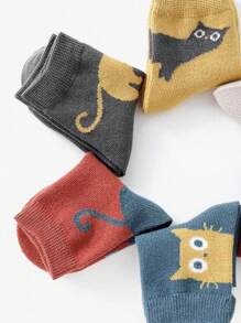 10 Pairs Random Mix Color Children Socks With Cartoon Cat & Dinosaur Patterns, Versatile Mid-Calf Socks For Boys & Girls, Suitable For Daily Casual Wear - Multicolor - View 3