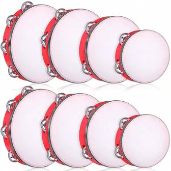 成人铃鼓 红色木制手持铃鼓铃片 4 种尺寸 单排金属铃片铃鼓 铃鼓礼物节奏打击乐器 适合派对舞蹈