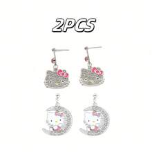 Sanrio 1 Pair Of Exquisite And Beautiful Earrings, Sanrio Earrings, Cute KT Cat, Alloy Material, With Red Bow And Diamond Pattern On It, Fashionable And Cute, Suitable For Various Occasions (Party, Festival, Leisure, Outdoor Decoration) Diy Earrings, Can Be Given As Holiday Gifts, (Christmas, Valentine's Day),Mom,Mother,Mother's Day,Gift