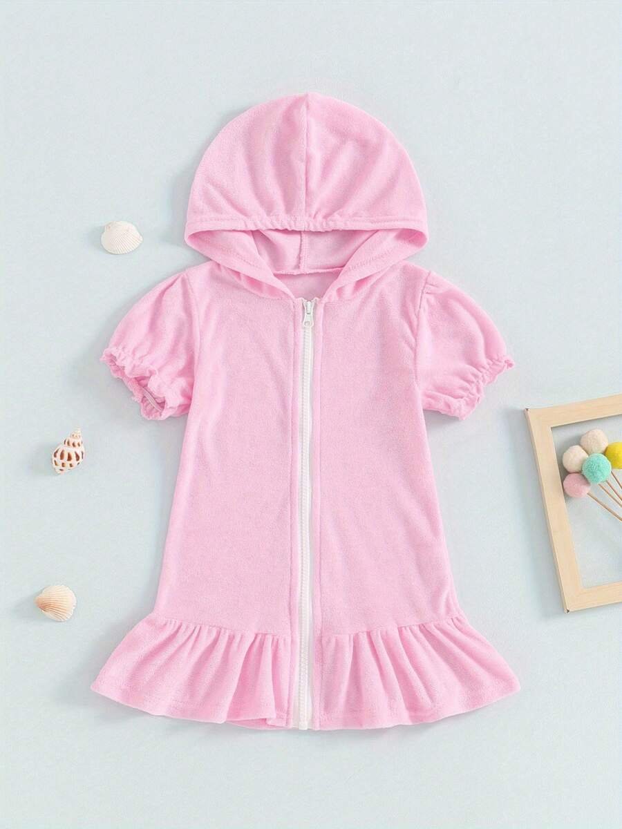 Little Girl Swim Cover Up Casual Loose Solid Color Short Sleeve Ruffled Zipper Hooded Swimsuit Toddler Bathing Suit - Pink - View 1