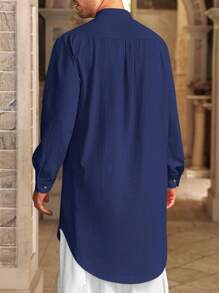 Men's Kaftan Thobe Cotton Linen Henley Shirt Long Sleeve Robe Casual Muslim Kurta Gown - 藏蓝色 - 查看 3