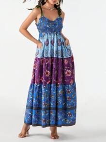 Women Summer Casual Cami Long Dress Floral Print Tie-Up Shoulder Straps Sleeveless Dresses Long Dress Summer Vacation Beach Sundress Big Swing A-Line Dress - Màu xanh lam - Xem 3