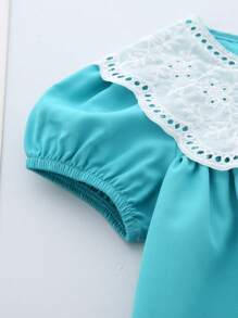 年轻女孩休闲时尚娃娃蕾丝边宽松沙滩裙派对公主裙夏季 - 淺色水洗藍 - 查看 4