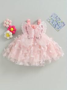 Vestido de moda para niñas pequeñas con mariposas 3D fruncidas, sin mangas, con capas, ropa informal de verano - Rosa - Ver 10