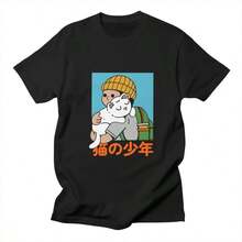 Street Style Trendy New Catboy Round-Neck High-Quality Cotton T-Shirt. High-Quality Cotton, A Round-Neck Top For Summer. Pure Cotton, "Catboy" Printed. Ideal As A Birthday, Holiday Or Valentine's Day Gift. - Black - View 1