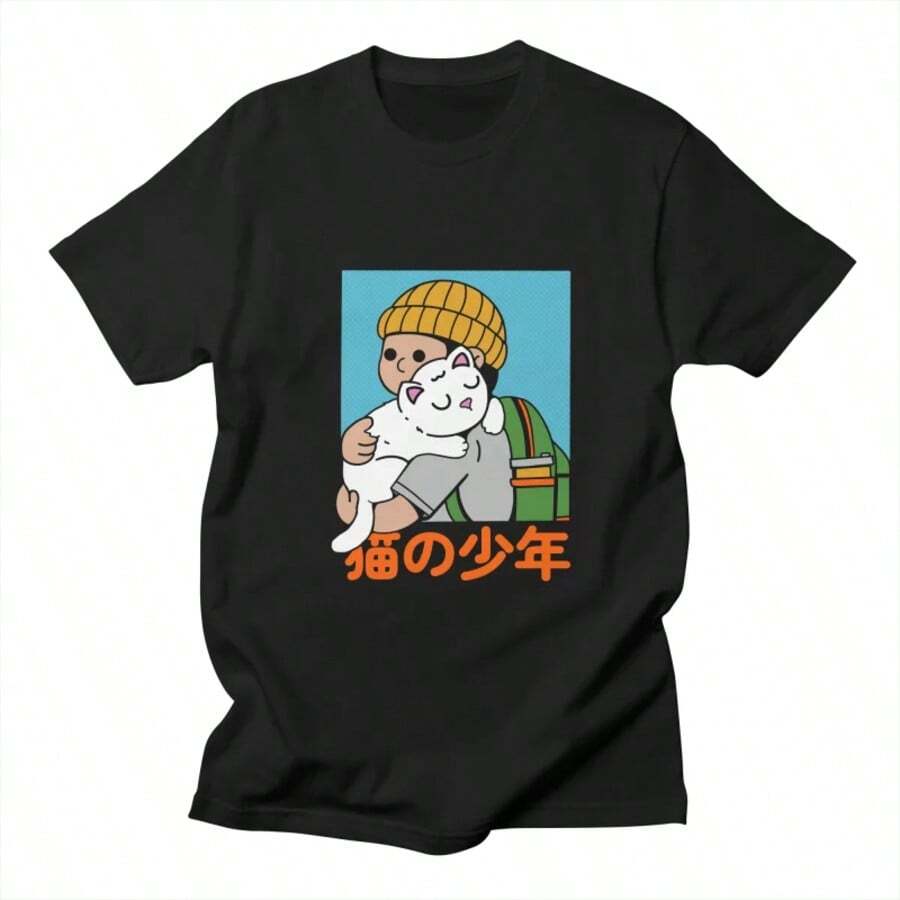 Street Style Trendy New Catboy Round-Neck High-Quality Cotton T-Shirt. High-Quality Cotton, A Round-Neck Top For Summer. Pure Cotton, "Catboy" Printed. Ideal As A Birthday, Holiday Or Valentine's Day Gift. - Black - View 1