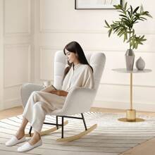 Rocking Chairs For Adults, Teddy Fabric Nursery Rocking Chair Relaxing Recliner Chair Boucle Rocking Chair With Solid Wood Legs High Back Lounge Chairs For Balcony Living Room Bedroom