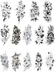 14 Sheets Temporary Tattoos Adult Women, Black Flower Rose Fake Tattoos Women, Realistic Large Body Marking Tattoos, Look Real Waterproof Fake Tattoo Stickers, Body Art Arm Sketch Tattoo Stickers, Suitable For All Daily Festival Fashion - Black - View 7
