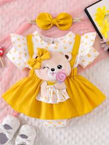 Conjunto de 2 piezas de verano para niñas pequeñas, mono de manga corta con bordado de oso y diadema, ropa para recién nacidas - Amarillo - Ver 1