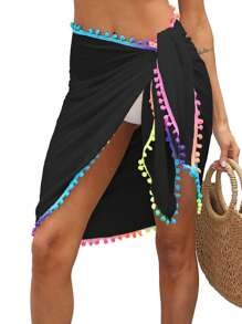 Women Beach Sarongs, Sheer Mesh Swimsuit Wrap Skirt Bikini Cover Up With Colorful Pompom Tassel - Black - View 4