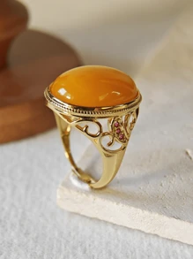 天然波罗的海琥珀戒指大戒圈镶嵌琥珀宝石复古化石树脂配饰带来平静与和平能量礼物送给她和他情侣珠宝