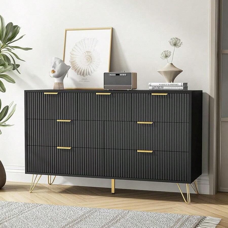 LYNSOM Black Dresser For Bedroom, Fluted 6 Drawer Wood Dresser With Golden Handles, Modern Dressers & Chests Of Storage Drawer For Hallway Entryway - màu đen - Xem 1