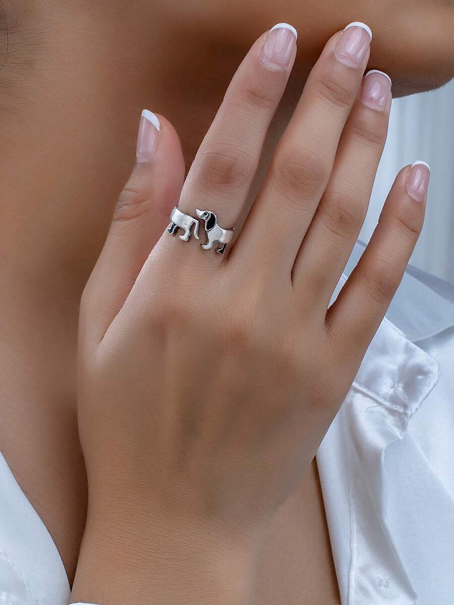 1 件时尚复古可爱小狗设计可调节戒指，百搭，适合女性