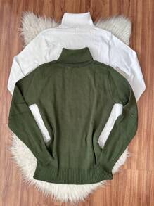 Kit2 Women's High Neck Blouse Long Sleeve Basic Knitted Cacharreu Plain Sueter - quân đội Branco - Xem 2