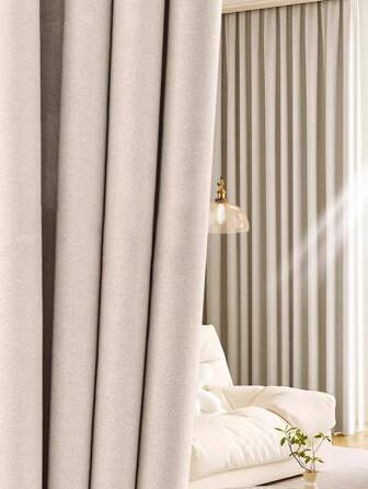 1pc Contemporary Simple Linen-Like Cream Color High Opacity Blackout Dust-Proof Thermal Insulated Curtain, For Living Room & Bedroom