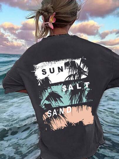 Teenage Girls Casual Graphic Print Round Neck Short Sleeve T-Shirt, Summer Top