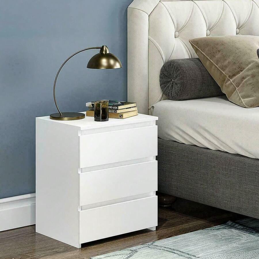 White Modern Nightstand Bedside Table With 3 Storage Drawers Bedroom Furniture - White - View 1