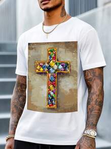 Mysterious Mask Design 100% Cotton Men's Printed T-Shirt Crew Neck Short Sleeved 220g Street Style Graphic Tee Soft And Comfortable Ideal For Casual Outings - 白色 - 查看 2