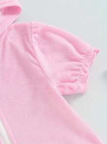 Little Girl Swim Cover Up Casual Loose Solid Color Short Sleeve Ruffled Zipper Hooded Swimsuit Toddler Bathing Suit - Pink - View 5
