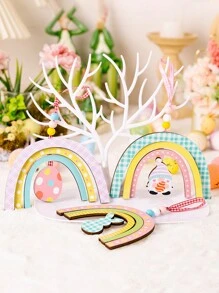 1 pièce Panneau en bois classique de lapin de Pâques et arc-en-ciel - Plaque décorative de table pour la ferme, le salon, la chambre, la salle à manger - Décoration de fête polyvalente, idéale pour les célébrations de printemps en intérieur et en extérieur, décorations extérieures