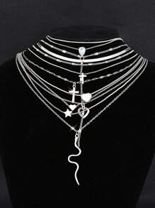 13 件/12 件/9 件/3 件时尚简约银色蝴蝶和心形仿珍珠多层项链套装，女士生日假期派对礼物，搭配日常服装和派对配饰