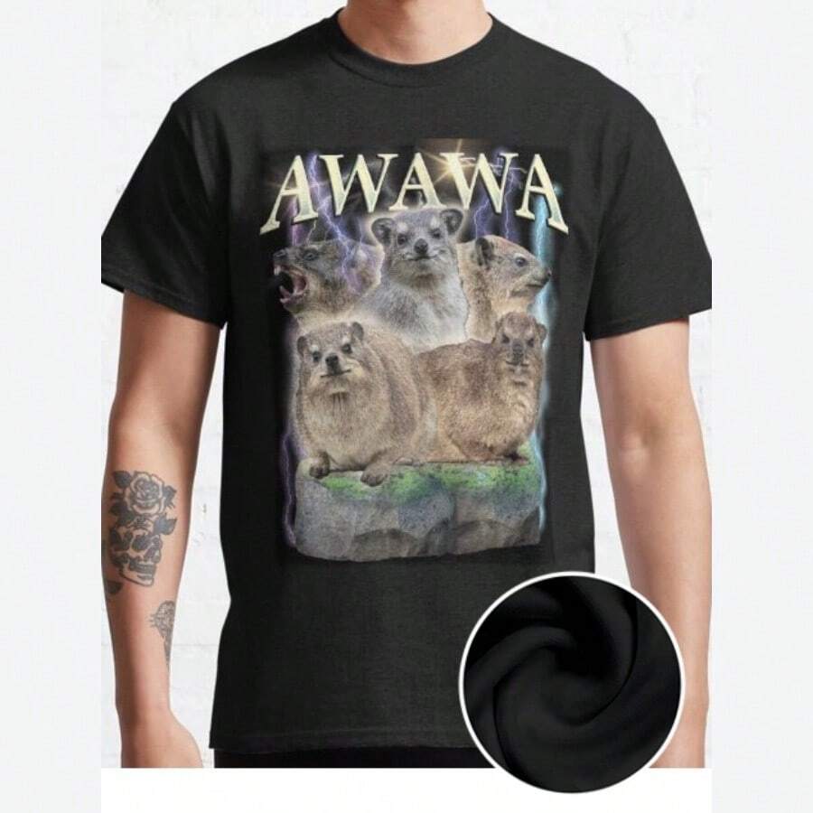 The Hyrax AWAWA Retro Vintage Design Classic Fun Men's Short Sleeved Personalized Comfortable Pattern T-Shirt Series Shirt - 黑色 - 查看 1