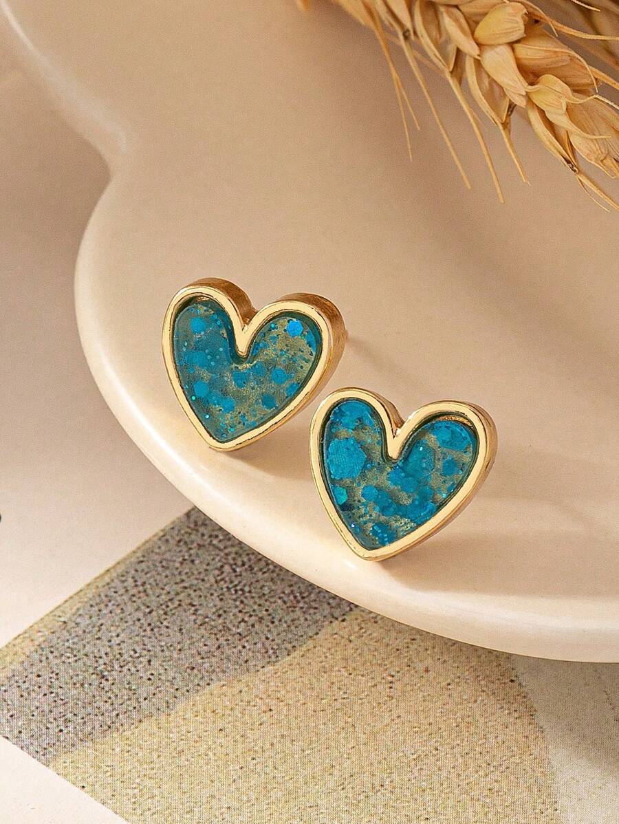 1 Pair Vintage Style Gold Framed Blue Heart Shape Stud Earrings - Lamber - View 1