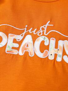 Baby Girl Peach Outfit, Letter Print Long Sleeve Romper Elastic Waist Flare Pants Tie Headband 3 Piece Set For Fall - Orange - View 4