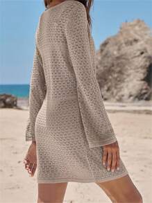 Women Summer Crochet Beach Cover Up Front Tie Hollow-Out Swimsuit Bikini Coverups Bathing Suit Beach Dresses - Khaki - View 4