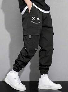 2pcs Tween Boys Simple Outdoor Running Exercise Multi-Pocket Decor Cargo Pants, Spring/Autumn - Black - View 2