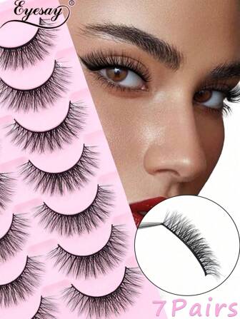 全猫眼 7 对交叉和黑色茎短款自然假睫毛，日常化妆必备 6-18 毫米