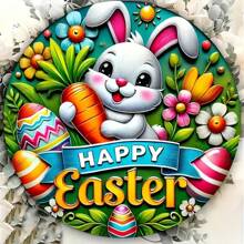 7.9 英寸圆形农舍风格复活节兔子、胡萝卜和花卉设计花环，适用于门和墙壁装饰，可悬挂的节日装饰，适合家庭和庆祝活动，是送给朋友和同事的独特礼物 - 彩色 - 查看 1