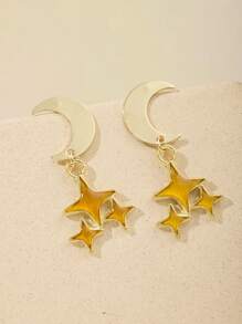 2 piezas de Pendientes elegantes de moda vintage con diseño de estrellas y lunas, de aleación con acabado dorado desgastado, regalo versátil para uso diario, fiesta, cumpleaños
