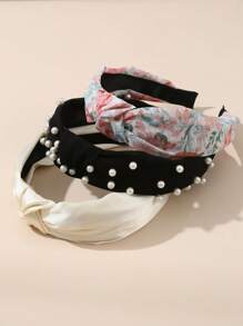 3 Stücke Damen Boho-Stil einfache Einfarbige & Blumen-Muster Perlenhaarband, geeignet für den täglichen Gebrauch