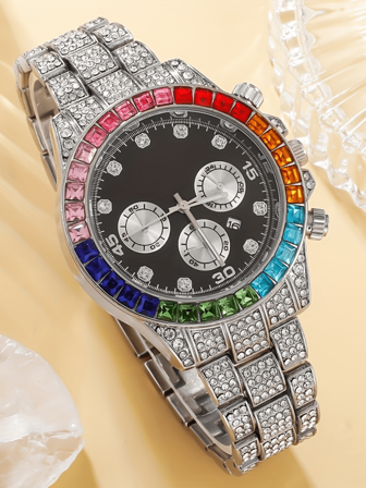 1 件男士银色不锈钢表带简约时尚水钻石英手表，日常装饰佩戴