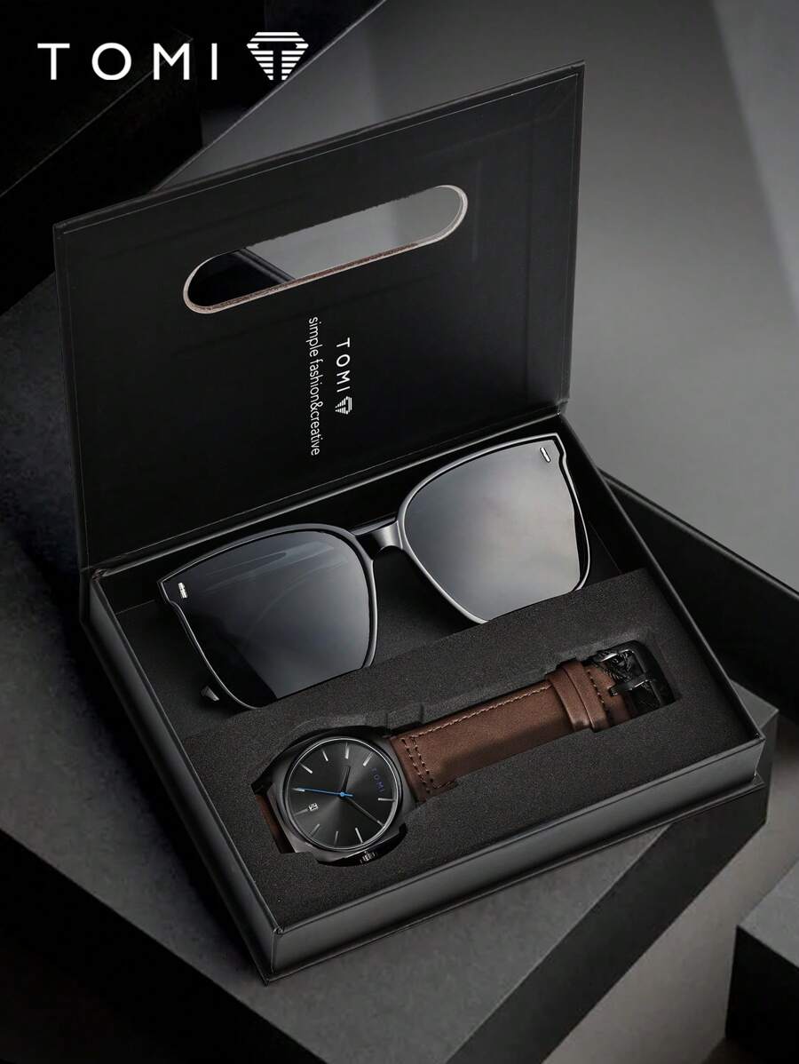 TOMI Quartz Men's Watch With Sunglasses, Stylish Simple Dial Design With Date, Zinc Alloy Steel Band, Gift Box Packaging, Suitable For Daily Life, Business Activities, Father's Day, Valentine's Day - Brown - View 1