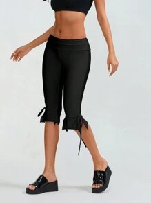 Women Capri Pants Elastic Waist Ruffle Hem Flare Bell Bottom Cropped Pants Skinny Capri Leggings Streetwear - 黑色 - 查看 3