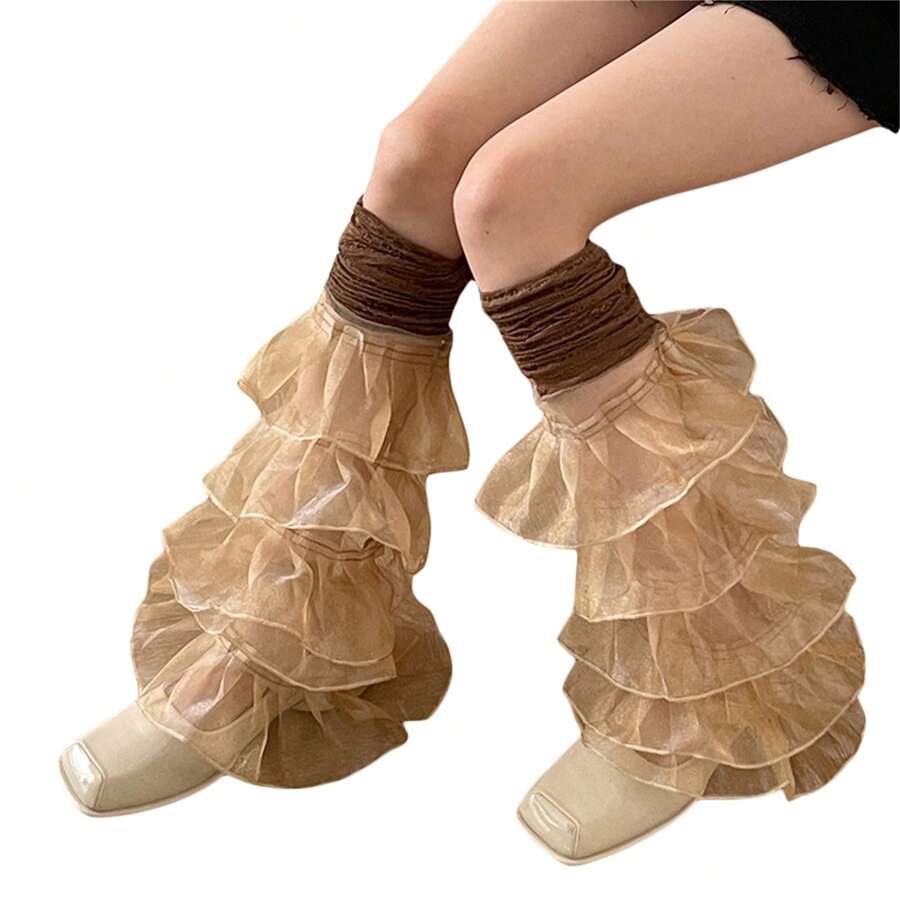 Women's Leg Warmers With Lace And Patchwork Ruffles, Thigh-High Socks, Streetwear Boot Covers - Brown - View 1