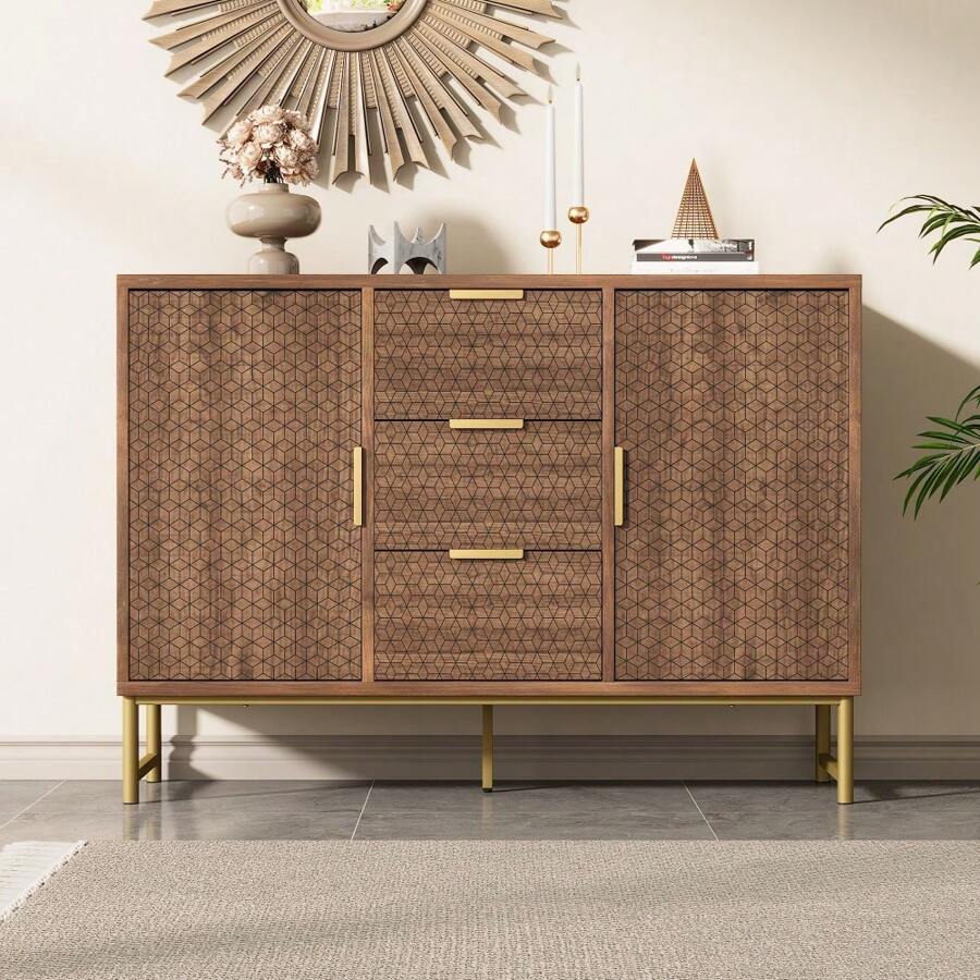 LITZEE Chest Of Drawers With Relief Structure, Sideboard With Metal Handles, Chest Of Drawers With 3 Drawers And 2 Doors, Adjustable Compartments, Anti-Tilt, 120 X 40 X 75 Cm, Walnut