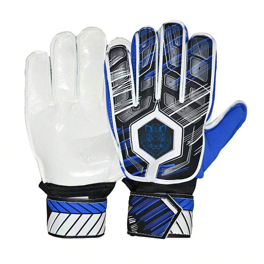 1 双成人男女通用蓝色 PU 足球守门员手套，机器缝制，适用于训练和比赛