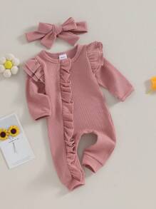 Mono de otoño para niña pequeña, color liso, cuello redondo, mangas voladoras, volantes, cremallera, mono con lazo en la cabeza - Rosa - Ver 2